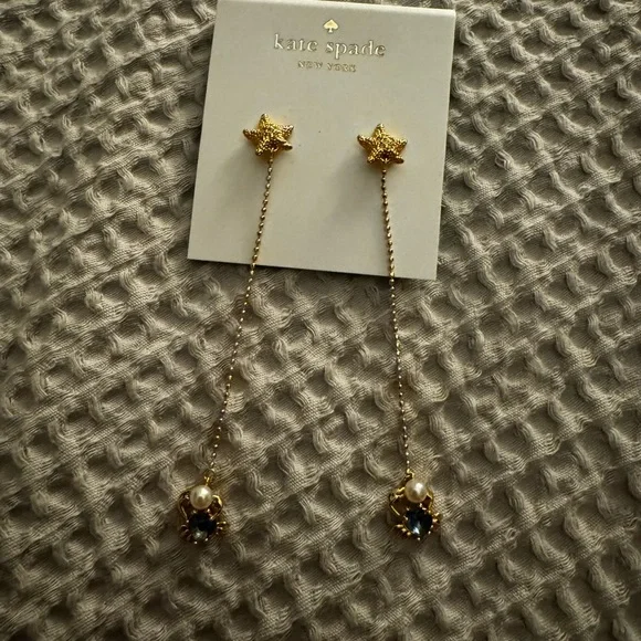 Kate Spade Gold Crab Earrings with pearl and light blue stone - Picture 1 of 4
